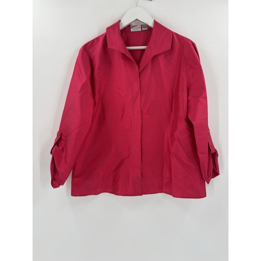 Chicos 100% Silk Blouse Womens Large Pink Hidden Buttons Roll Tab Sleeves Top